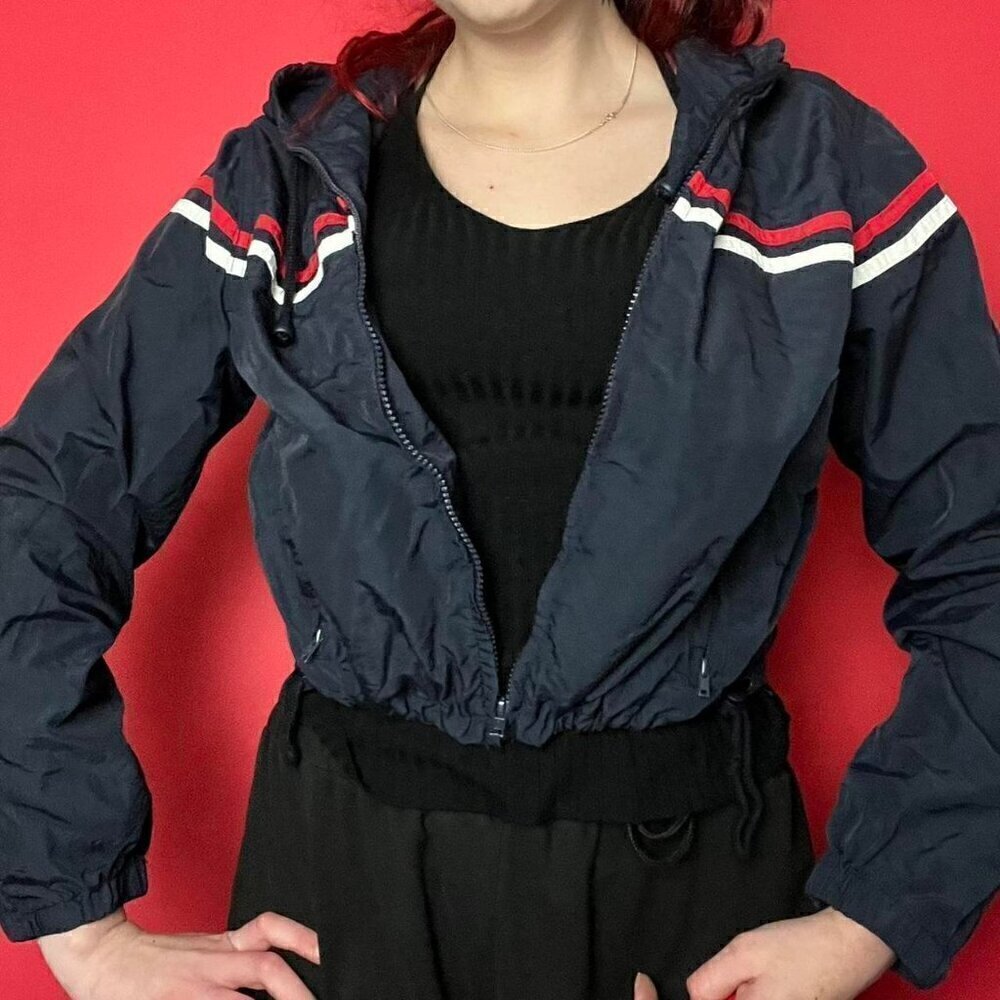 J Galt / cropped navy windbreaker with white and red stripe